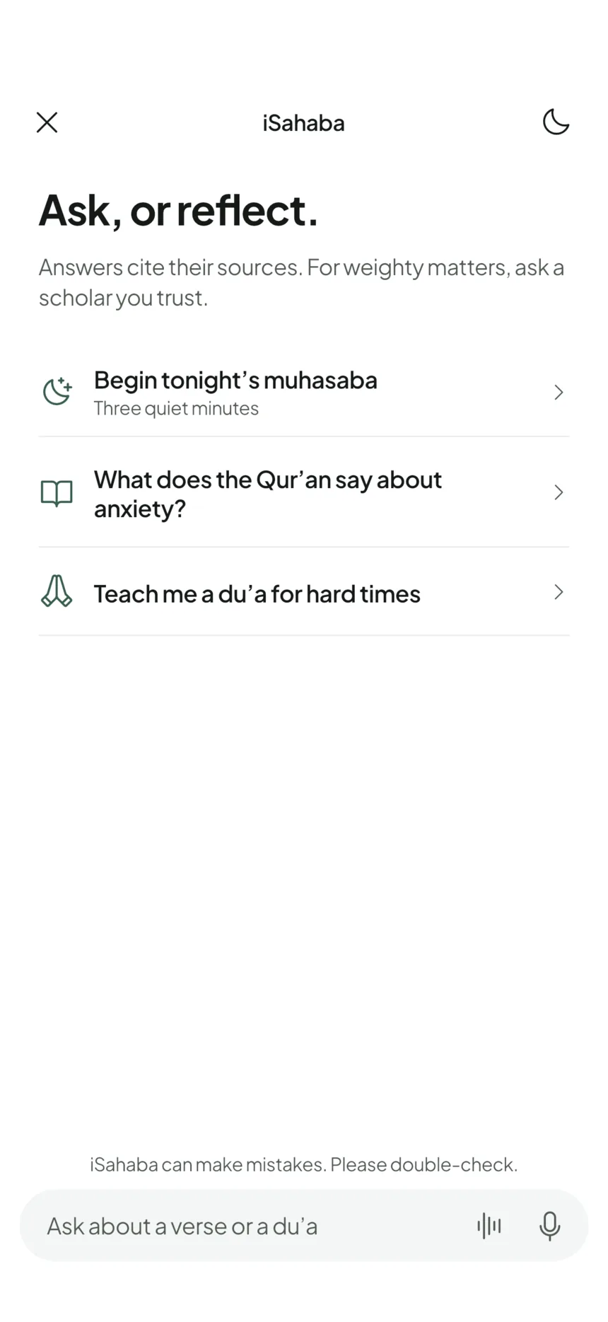 iSahaba, titled “Ask, or reflect.”, noting that answers cite their sources, with three starting points — begin tonight’s muhasaba, what the Qur’an says about anxiety, and a du‘a for hard times.
