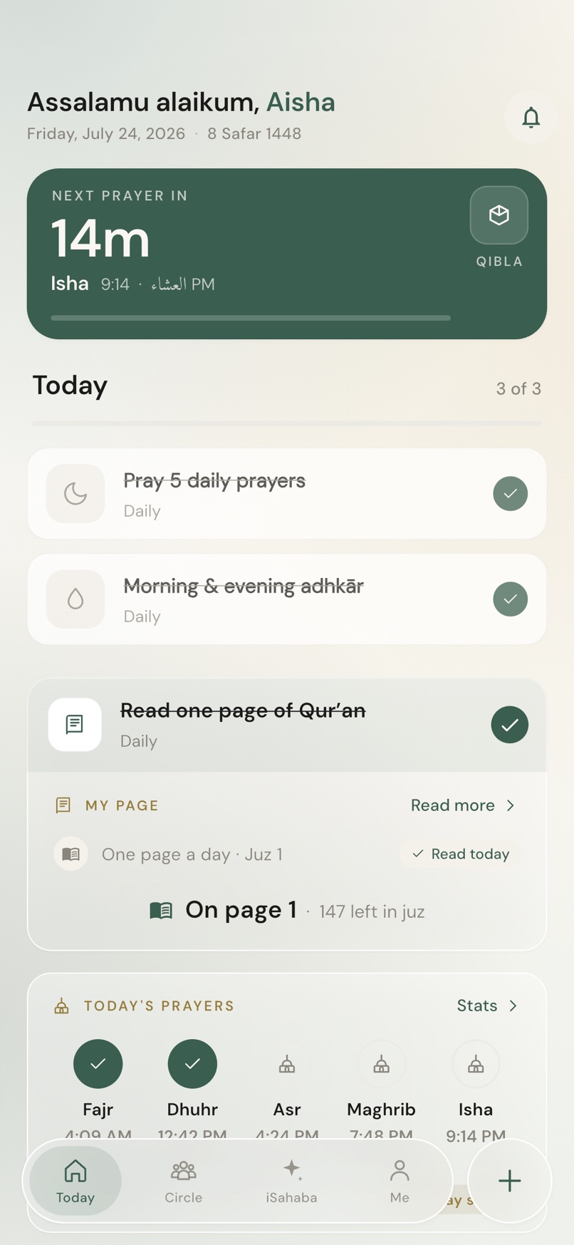 Muhasaba — Today screen with prayer times and habits